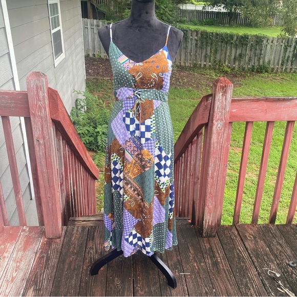 Patchwork Spaghetti Strap Midi Dress Whimsigoth Artsy 90s Boho Ethereal Size M - Picture 14 of 14
